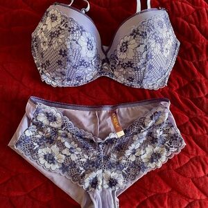 Adore Me Lavender Floral Lace Bra 36 DDD and Panty M NWOT